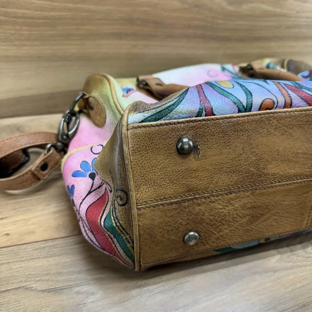 Anuschka Peacock Pattern Large Leather Satchel Hand Painted Zip Crossbody